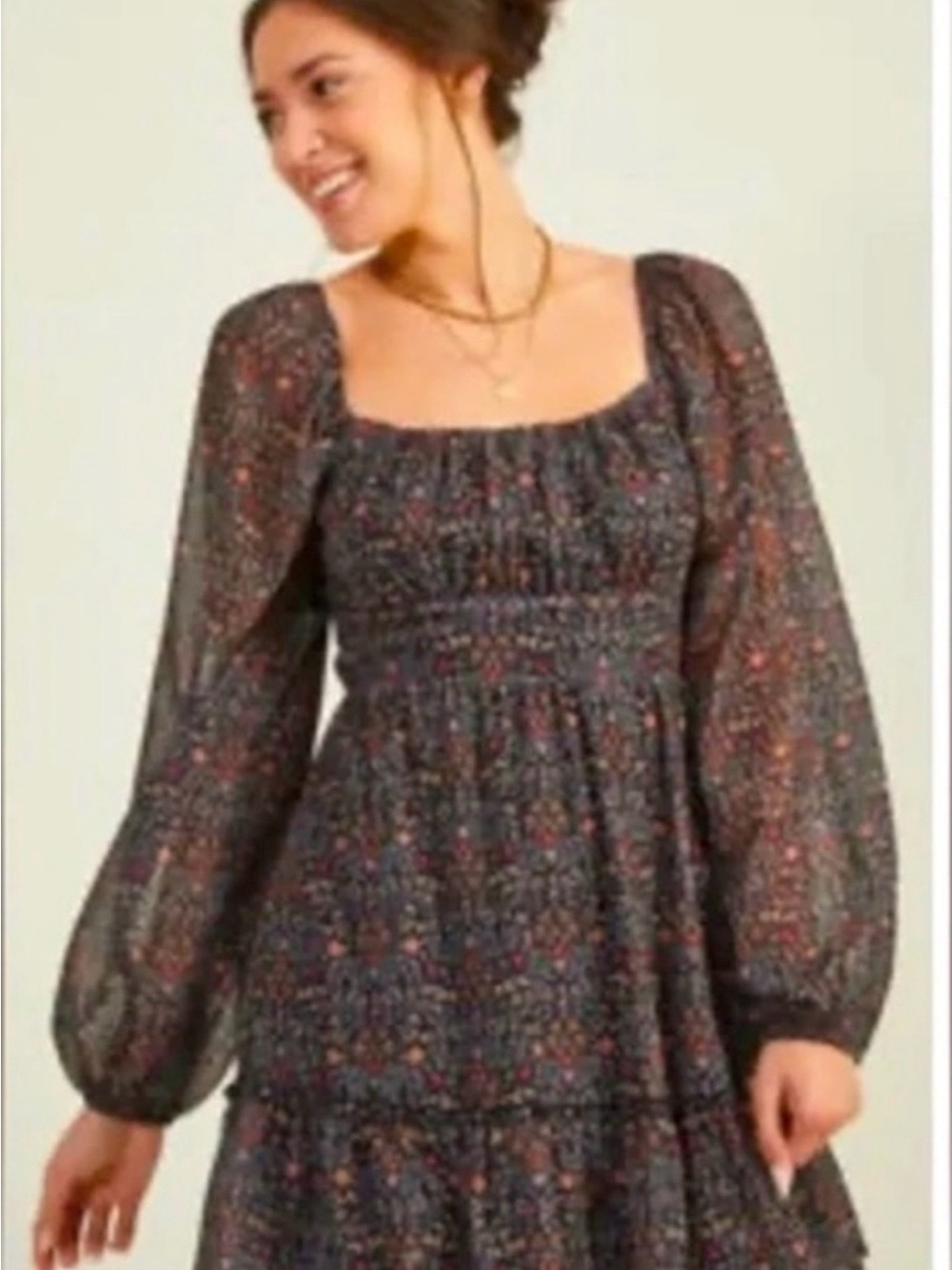 Altar'd State Black Floral Smocked Square-Neck Dress